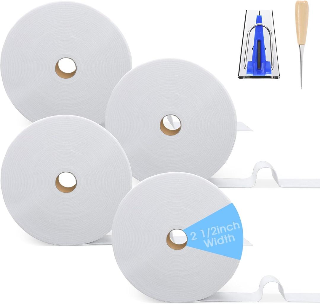 4 Rolls Jelly Roll Batting Strips for Rugs, Jelly Roll Fabric 2 1/2 Inch Width Total 200 Yards Cotton Blend Quilt Batting with Sasher Tool Awl Tube Maker Ruler Quilting for Upholstery Projects