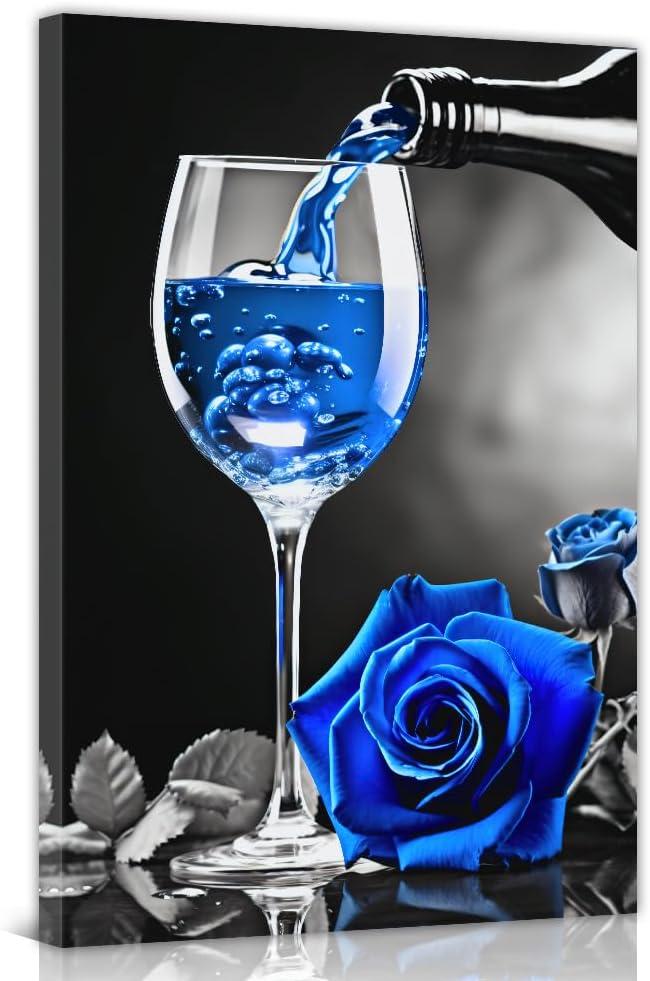 Blue Wine Wall Art Rose and Wine Canvas Painting Wine Glass Poster Kitchen Picture Prints for Dining Room Restaurant Decor Framed(Wine-2,16.00" x 24.00")