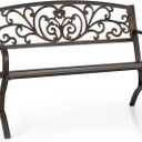 Sophia & William Metal Outdoor Bench, 50" Outdoor Garden Bench Patio Park Bench, Cast Iron Park Benches for Outside with Floral Design Backrest, Bronze
