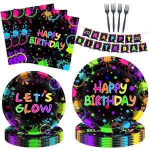 Glow Neon Party Supplies Kit for 24 Guests - 97 Pcs Including Plates, Forks, Napkins, Bunting - Ideal for Blacklight Neon-Themed Parties