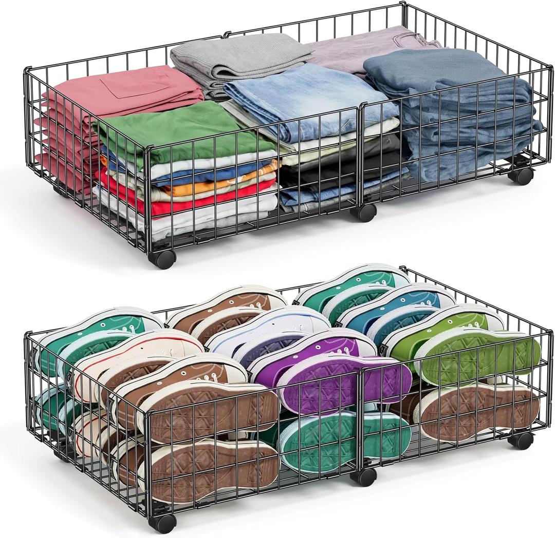Mr IRONSTONE Under Bed Storage Containers with 6 Wheels | Upgraded Heavy-Duty Metal Frame Holds Up to 80LBS | Space-Saving Rolling Underbed Storage Organizer for Shoes, Clothes & Seasonal Items (2 Pack(25.4"16.7"6.3"))