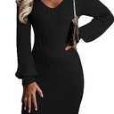 Sidefeel Fall Dresses for Women 2025 Casual Ribbed Knit Long Sleeve V Neck Pullover Sweaters Fall Fashion Winter Sexy Bodycon Sweater Dress M Black