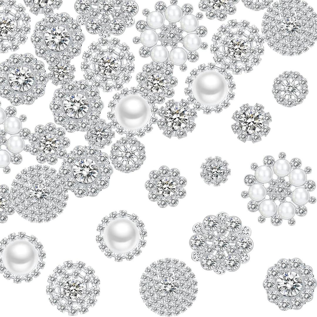 50 Pcs Faux Pearl Buttons Rhinestones Embellishments Retro Flatback Vintage Buttons with Faux Pearls Crystal Flower for DIY Crafts Jewelry Wedding Party Home Decor(Silver)