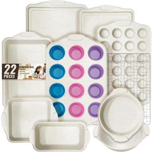 Baking Pans Set Nonstick, Stackable Bakeware Sets with Silicone Handles, AIVIKI 22 Pieces Oven Pan for Cooking Including Baking Cookie Sheet with Rack, Roast Pan, Cake Pan, Loaf Pan, Muffin Pan, Cream