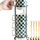 Stackable Coffee Mugs with Stand, Checkered Coffee Mug Set of 4, 11oz Espresso Cups for Beverages, Stacked Mug Set with Spoons for Christmas Housewarming Birthday Gift, Dishwasher Safe