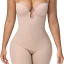 Strapless Shapewear for Women Backless Bodysuit Tummy Control Built-in Bra Low Back Deep U Plunge Body Shaper (X-Large, Tan)