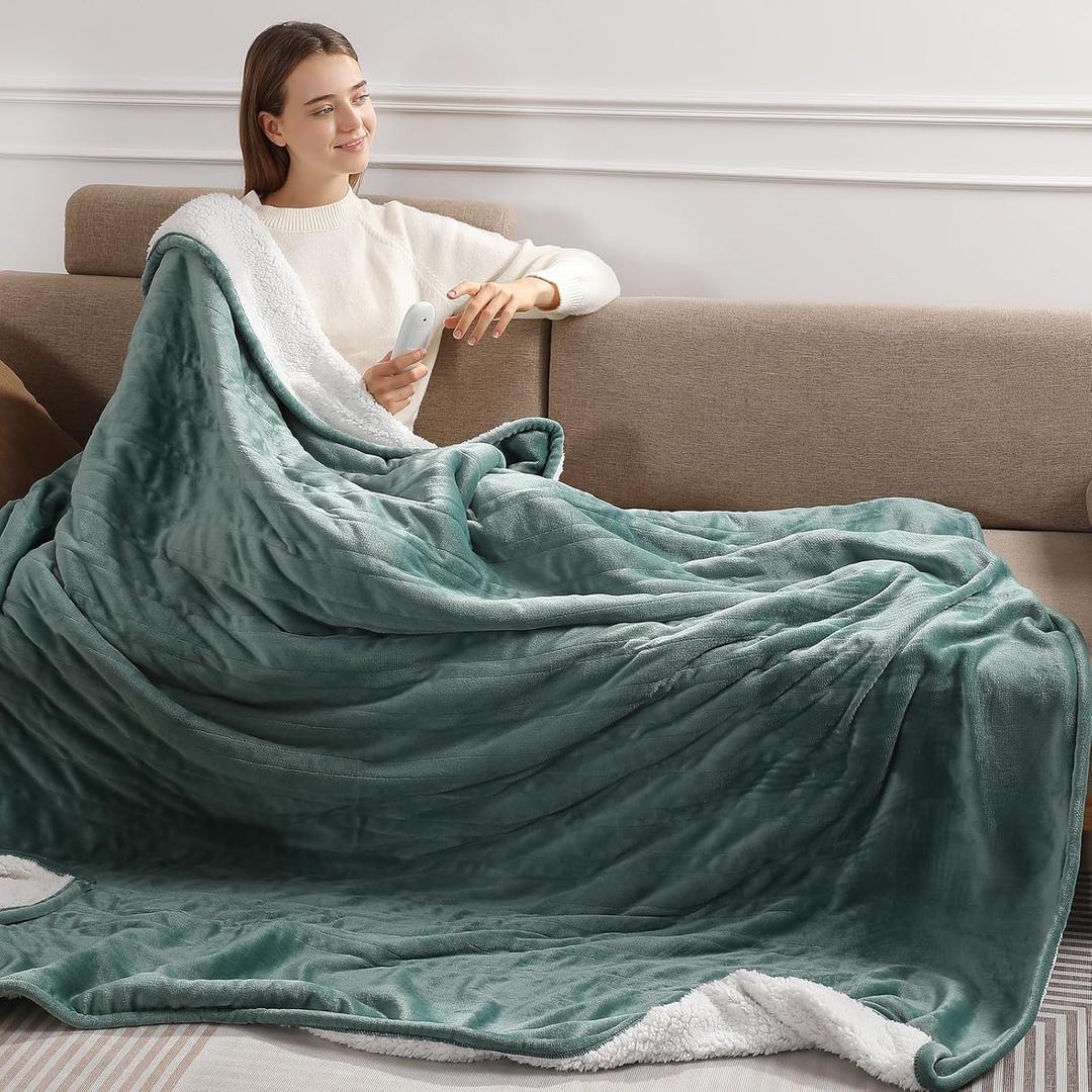 Electric Blanket Twin Heated Blanket 62''X84'', Fast Heating Blanket Soft Flannel & Fluffy Sherpa with 5 Heating Level and 10 Hours Auto-Off, ETL/FCC Certified, Warm Gifts for Loved one, Green