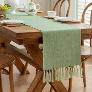 Alsoo Green Table Runners 90 Inches Long, Rustic Small Table Runner with Tassels, Boho Farmhouse Linen Texture Table Decor for Holiday Party and Wedding, 13x90 Inches, Sage Green (13"X90", 6-8 Seats)