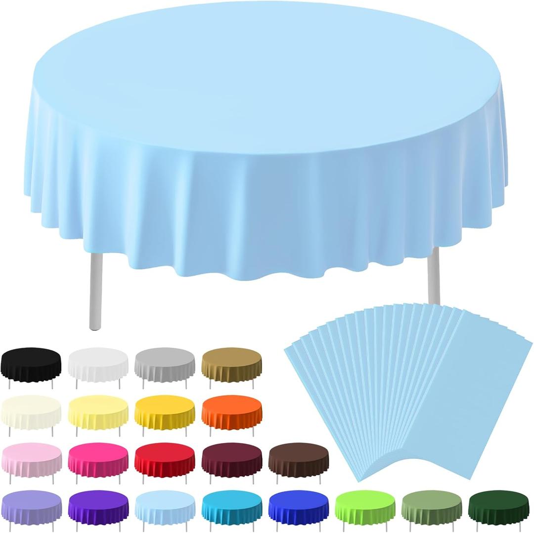 20 Pack Disposable Plastic Tablecloth Round, 84 Inch Premium Plastic Table Cover for Parties, Picnic, Camping, Birthday, Weeding (Light Blue, 84" Round)