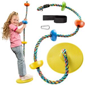 Jungle Gym Kingdom Tree Swing for Kids - Single Disc Seat and Rainbow Climbing Rope Set w/Carabiner and 2.6 Foot Strap - Treehouse and Outdoor Playground Accessories - Yellow