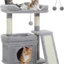 PEQULTI Small Cat Tree Tower for Large Adult Cats with Wide Top Perch, Private Cat Condo and Sisal Scratching Post&Pad for Indoor Cats, Gray (Grey)