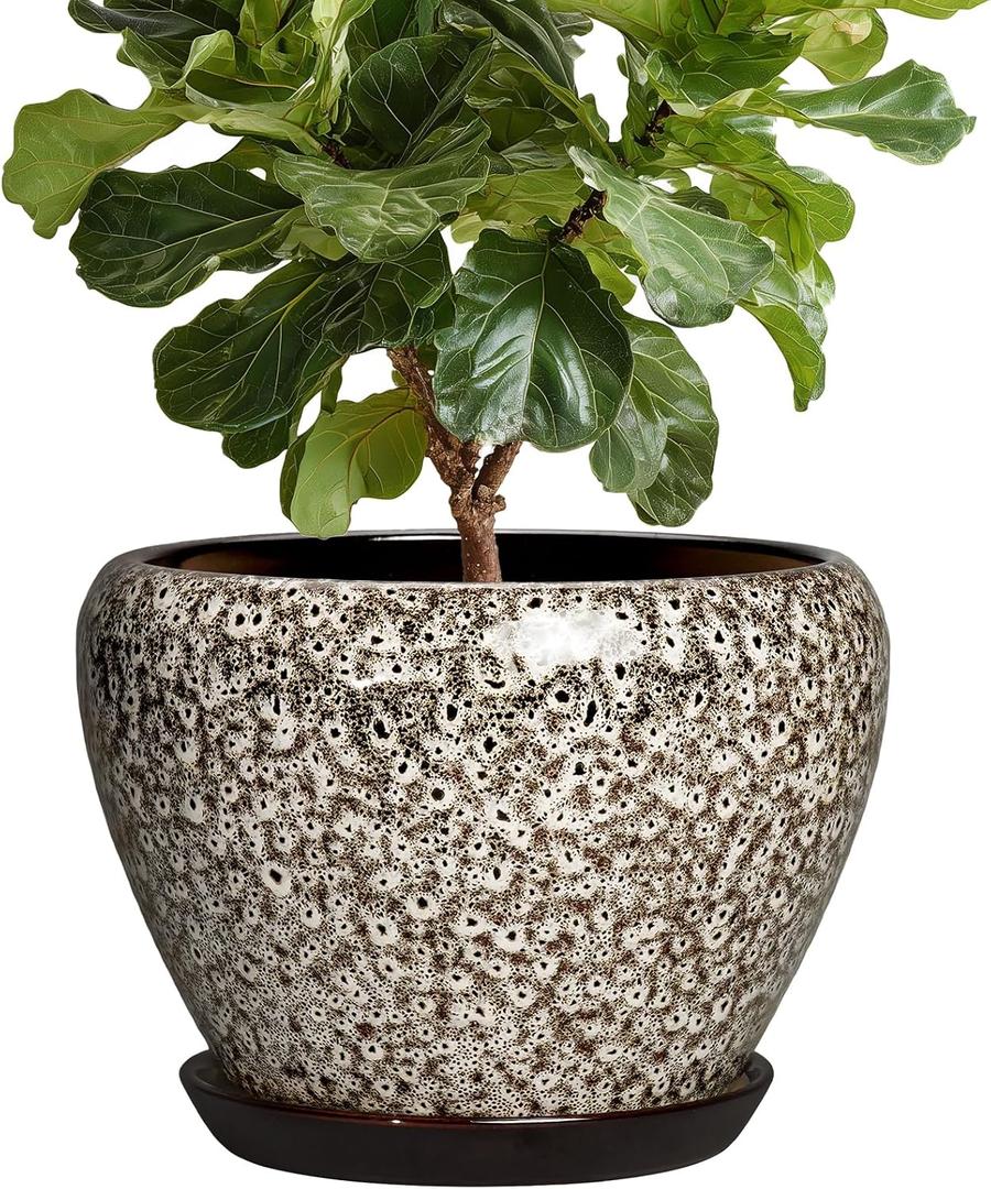 Ceramic Pots for Plants - 10 Inch Planters for Indoor Outdoor Plants, Decorative Plant Pots with Drainage Hole and Saucer, Large Plant Pot, Living Room Decor, Gardening Gifts, White Leopard