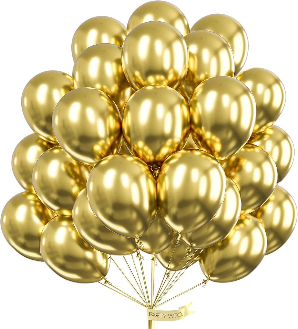 PartyWoo Gold Balloons 100pcs 12 Inch Gold Latex Helium Balloons for Birthday Wedding Anniversary Baby Shower Graduation Bachelorette Retirement Engagement Tea Casino Disco Party Decorations Gold-G101