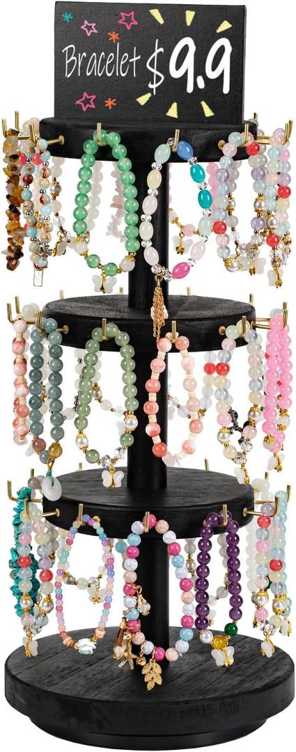 Pinzoveco Bracelet Holder, 3 Tier Wooden Rotating Bracelet Display Stand, Tree Stand Vendor Booth Display with Advertising Board, 36 Hooks for Bracelet, KeyChain Display Stands for Selling, Black (Patent Pending)