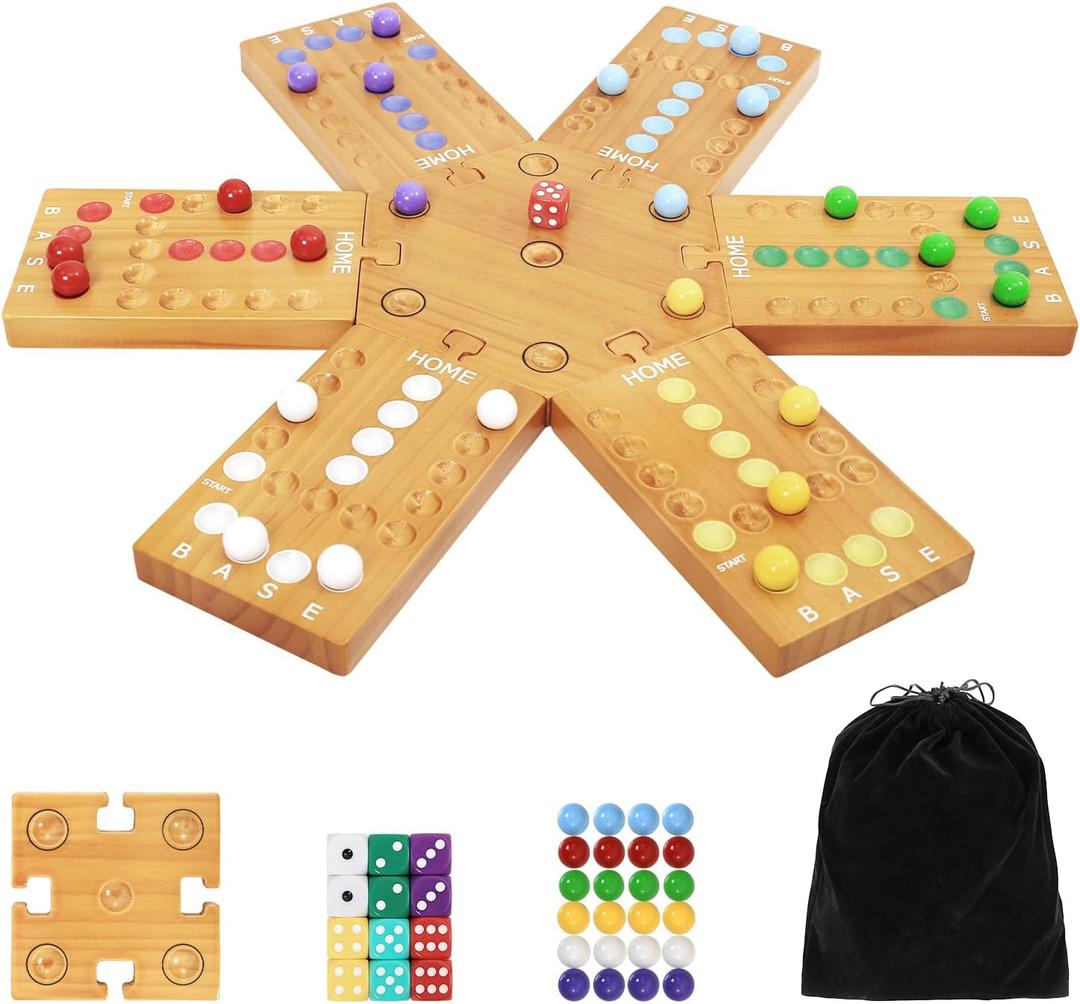 plusvivo Marble Board Game, Wooden Board Game for 4 and 6 Players, Portable Original Marble Game with 24 Marbles 12 Dice for Family Friends Party Game Night