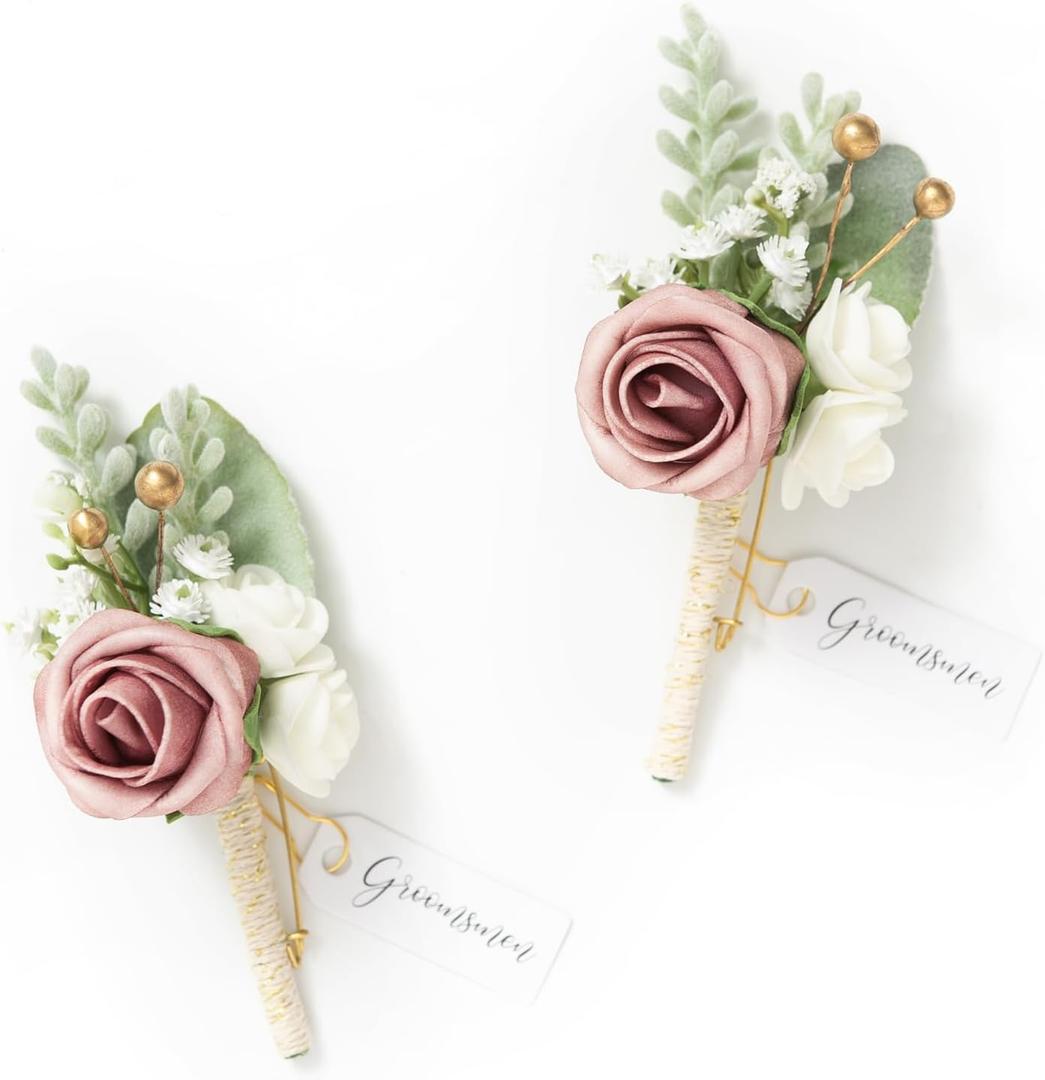 Ling's Moment Boutonniere for Men, 2pcs Groom Groomsmen Guest Boutonniere, Artificial Flowers for Wedding/Prom/Homecoming, etc.Dusty Rose