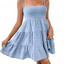 Womens Vacation Summer Casual A Line Swing Dress Ruched Bust Sleeveless Solid Ruffle Hem Cami Short Dress Babyblue S