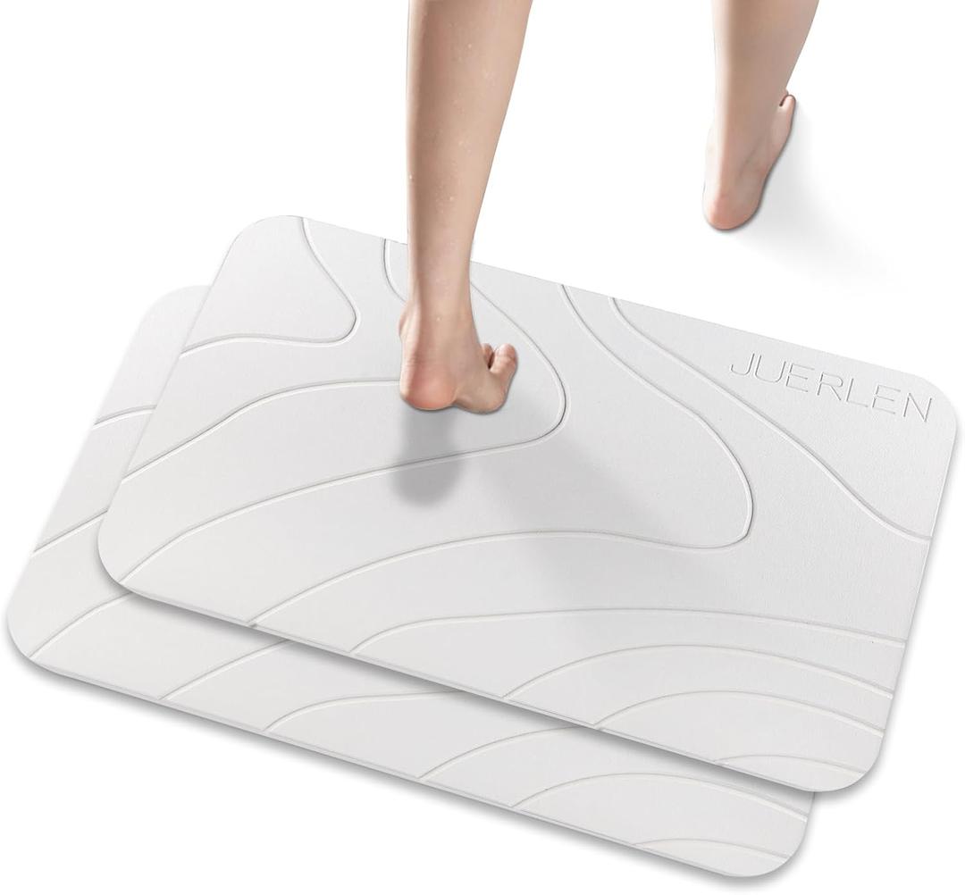 JUERLEN 2 Pack Diatomaceous Earth Shower Mat, Stone Bath Mat, Nonslip Super Absorbent Fast-Drying Hard Bath Mat for Bathroom Shower Floor, 24 x 16 inch, White Wave Design