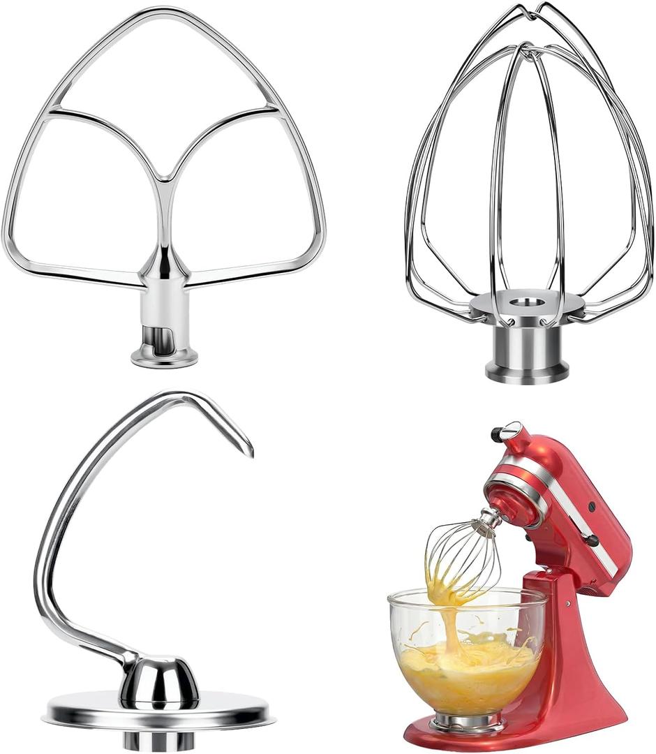 Stainless Steel Attachments 3 Piece Set for KitchenAid 4.5-5 Quart Tilt Head Stand Mixer, Includes K45B Flat Beater, K45DH Dough Hook and K45WW Wire Whip, Dishwasher Safe and Heavy Duty