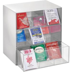 mDesign Plastic Tea Bag Caddy Box Storage Container Organizer Holder with 3 Drawers - for Kitchen Pantry, Cabinet, Countertop - Holds Coffee, Sugar Packets - Lumiere Collection, Light Gray/Clear