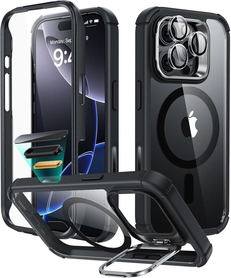 ESR for iPhone 16 Pro Case with Stand, Camera Control Button Compatible with MagSafe, Full-Body Military-Grade Drop Proof Case with Built-in 9H+ Tempered Glass Screen Protector, Clear Black