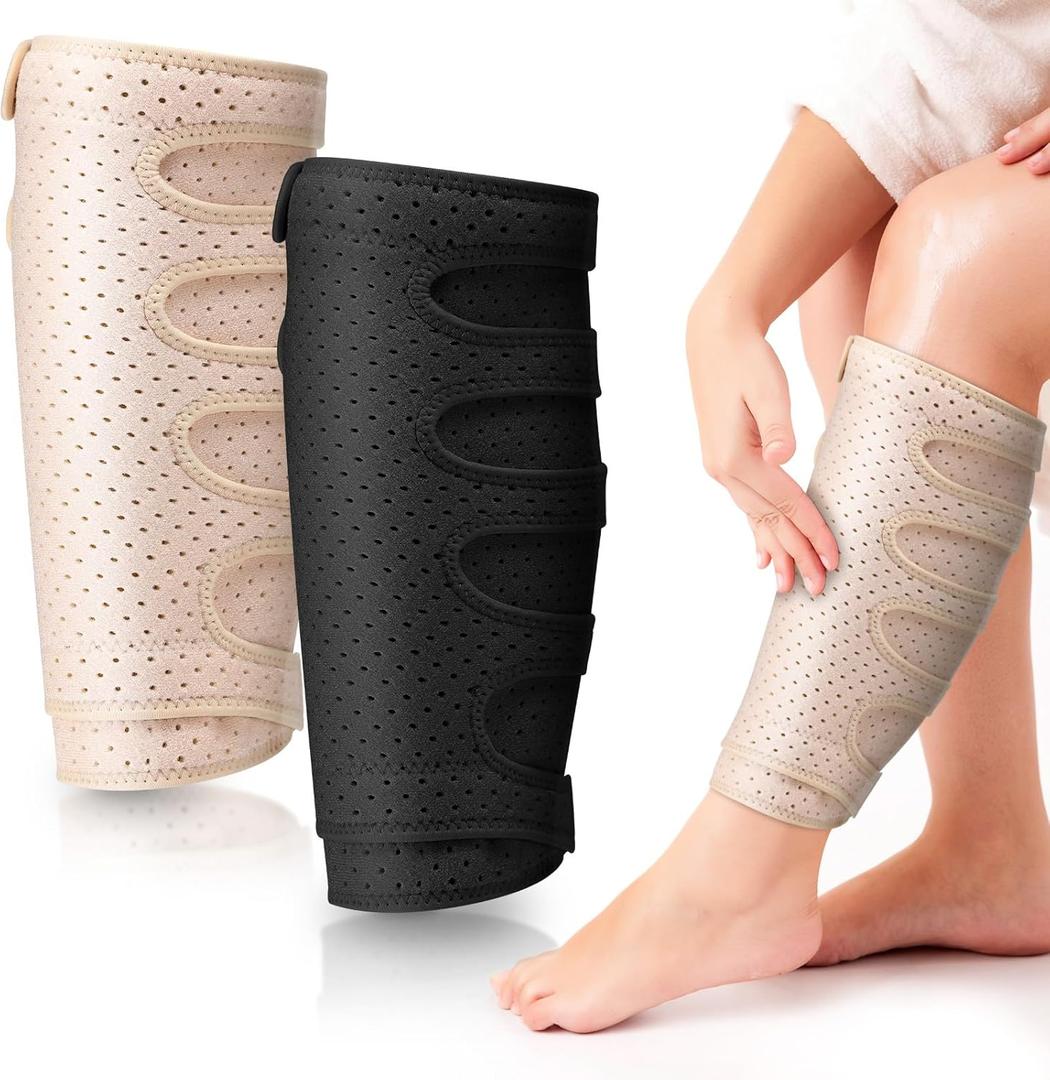 Hoolerry 2 Pcs Lymphedema Compression Wraps Calf Adjustable Brace 5 Strap Leg Wraps for Lymphedema Swollen Calf Garment Brace for Edema, Venous Insufficiency, Varicose Veins (XL, Beige, Black)