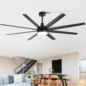 72 inch Ceiling Fan with Light and Remote, 8 Reversible Blades, Quiet DC Motor, 6-Speed, Timer Function, 3 Color LED Light Chandelier, Industrial Black Ceiling Fan for Bedroom, Black