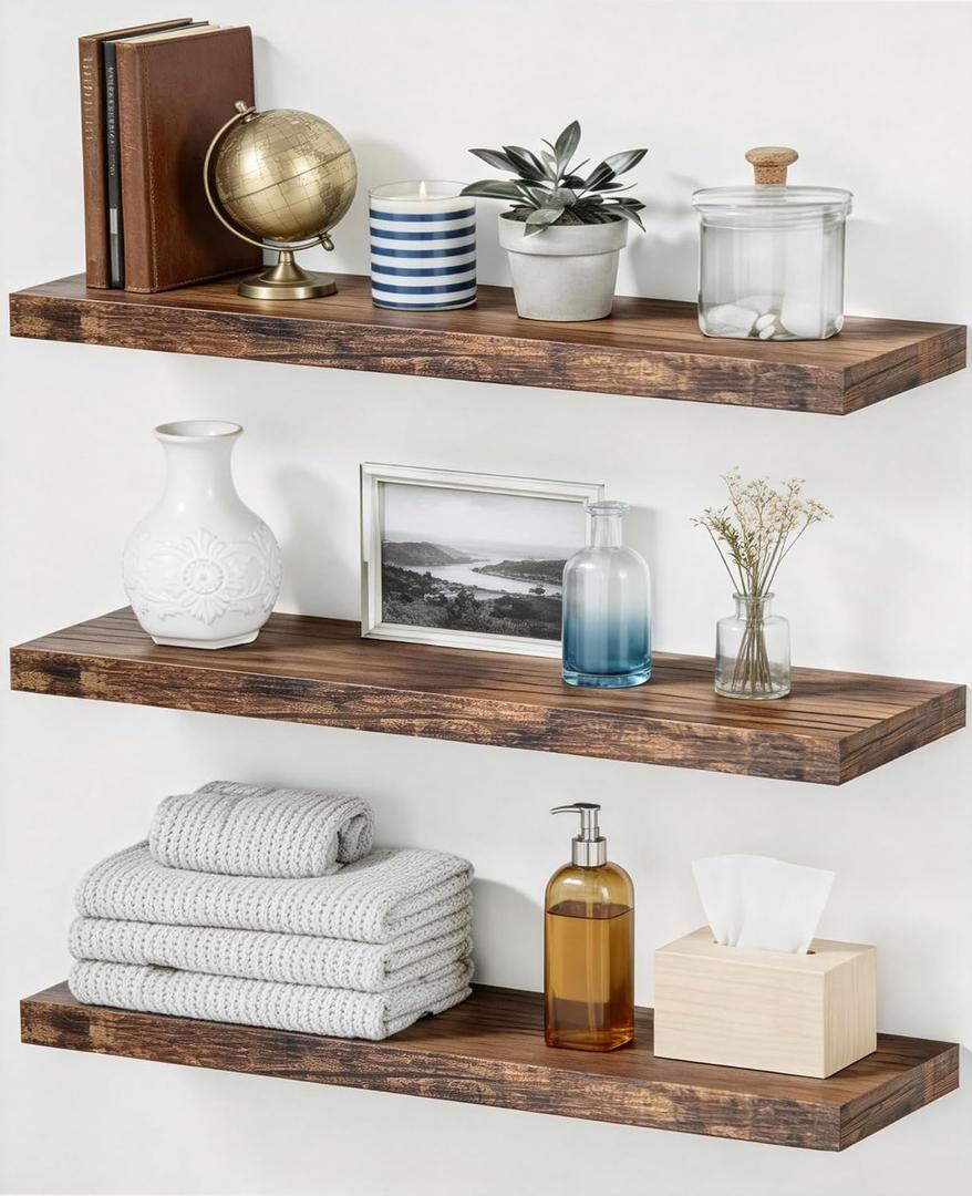 Easy Install Floating Shelves, 15.6 Inch Wall Mounted Wooden Floating Shelves, Set of 3, Small Wall Shelves for Storage and Home Decor, Living Room, Kitchen, Office, Corner Shelf for Bathroom, Brown