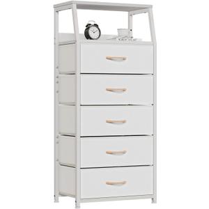 Furnulem White Dresser with 5 Drawers, Vertical Storage Tower Fabric Dresser for Bedroom, Hallway, Entryway, Nursery, Closet Organizer, Nightstand Bedside Table Furniture, Sturdy Steel Frame, Wood Top White