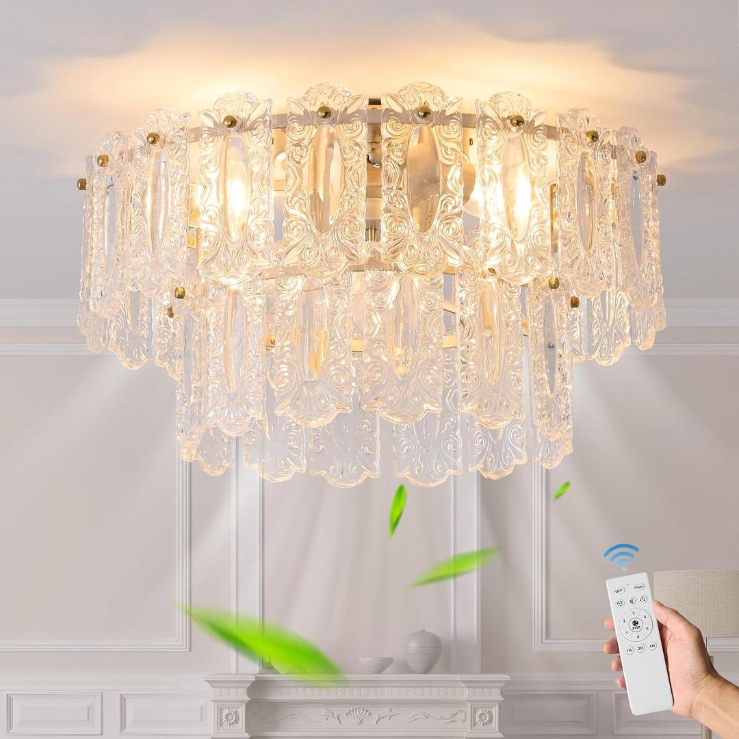 Crystal Caged Ceiling Fan with Light Flush Mount, 20inch Crystals Ceiling Fan with Light and Remote,Gold Crystal Fandelier Ceilings Fans with Lights for Bedroom,Nursery, Foyer