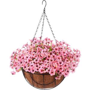 Artificial Spring Hanging Flowers in Basket for Home Decoration Faux Orchid Arrangement Porch Plants Coconut Lining Basket for Autumn Courtyard Decor(Pink, 1 Pack)
