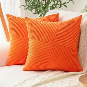 Decorative Throw Pillow Covers 20x20 Inch Set of 2 for Boho Living Room Farmhouse Home Decor, Spring Pillow Covers for Couch Bed, Soft Corduroy Striped Patchwork Cushion Cases, Orange
