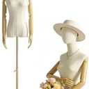 Female Mannequin Dress Form Torso, Display Mannequin Body with Detachable Head, Wooden Hands and Golden Adjustable Height Stand, for Dress Jewelry Display, Beige (Gold)