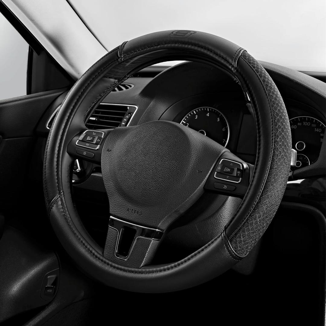 Skechers Air-Cooled Steering Wheel Cover,Leather Car Steering Wheel Cover Universal Fit 14" 1/2-15" Car Wheel Protector for Men Women Fit Suvs,Vans,Sedans,Car,Trucks,Black