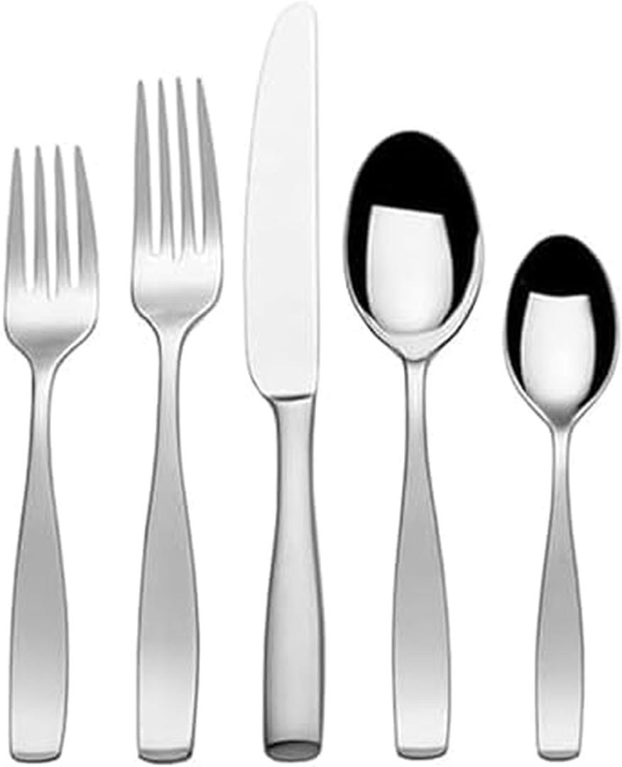 Mikasa Satin Loft 65-Piece Flatware Set for 12, 18/ 10 Stainless Steel Silverware with Forks, Knives, Spoons, and Serving Utensils, Durable and Elegant Design