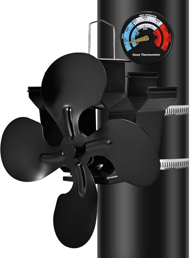 Heat Powered Fireplace Fan Wall Mounted, Wood Stove Fan Thermal Fan for Wood/Log Burning Stove Pellet/Gas Burner, Stove Accessories Thermometer (5 Blade)