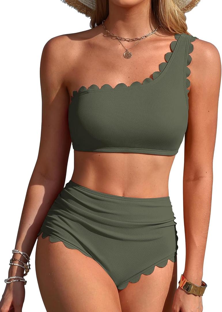 Charmo Womens One Shoulder Bikini Sets High Waisted Tummy Control Bathing Suits Ribbed Scalloped Two Piece Swimsuit 2026 (Green, M)