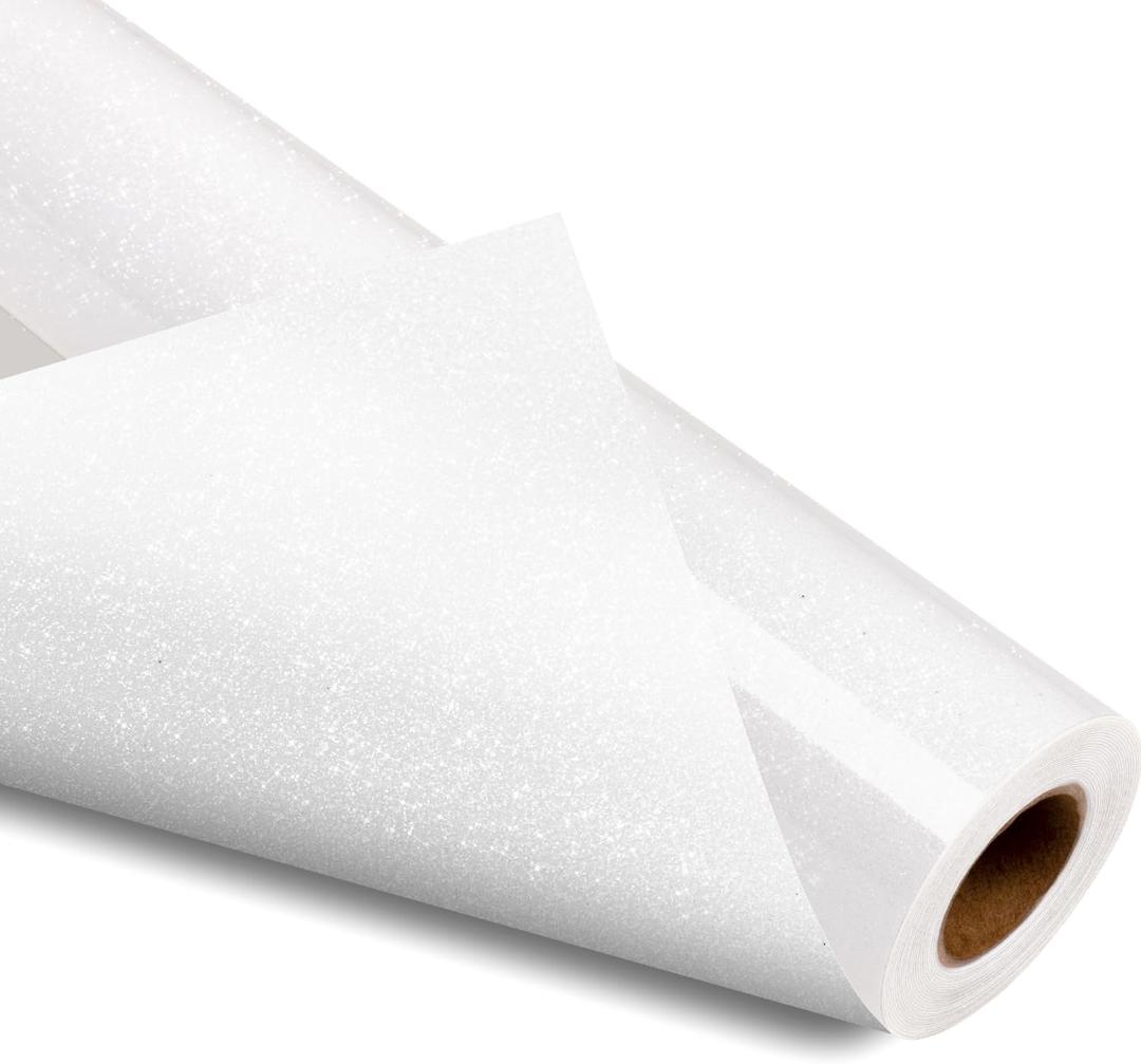 VinylRus White Glitter HTV Heat Transfer Vinyl Roll - 12 x 10ft for T-Shirt, Clothing, Bags - Iron-on Vinyl for All Cutter Machines - Easy to Cut and Weed