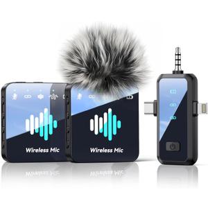 MENERESAS Wireless Lavalier Microphone for iPhone: Mini Microphone Noise Reduction  328ft Transmission & 20H Battery Life for Video Recording, 3in1 Universal Camera & Android  Liquid Black, Clip