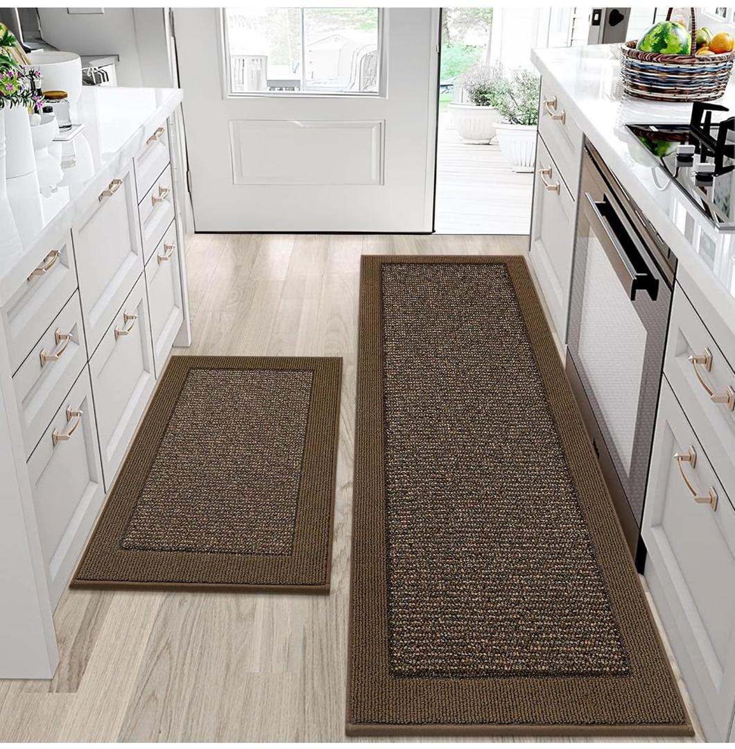 BEQHAUSE Kitchen Rugs and Mats Set of 2 Non-Slip Kitchen Mats for Floor, Absorbent and Stain Resistant Kitchen Runner, Machine Washable Rugs for Kitchen, Laundry & Sink, 24"x36"+24"x60", Brown