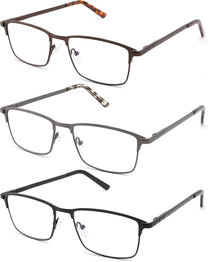 3-Pack Reading Glasses for Men Blue Light Blocking Metal Full Wide Frame Computer Readers