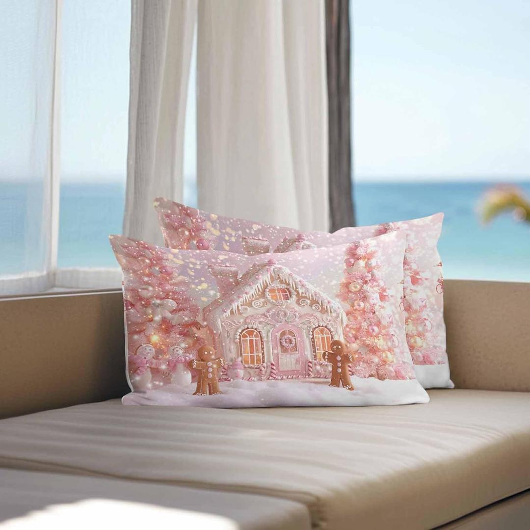 Christmas Tree Outdoor Waterproof Pillow Covers 20x12 Pack of 2 Pink Xmas Ginger Bread Man House Snowflake Fantasy Decorative Outdoor Pillow Covers Square Cushion Cases for Patio Pergola Couch (Light Pink Light Brown White)