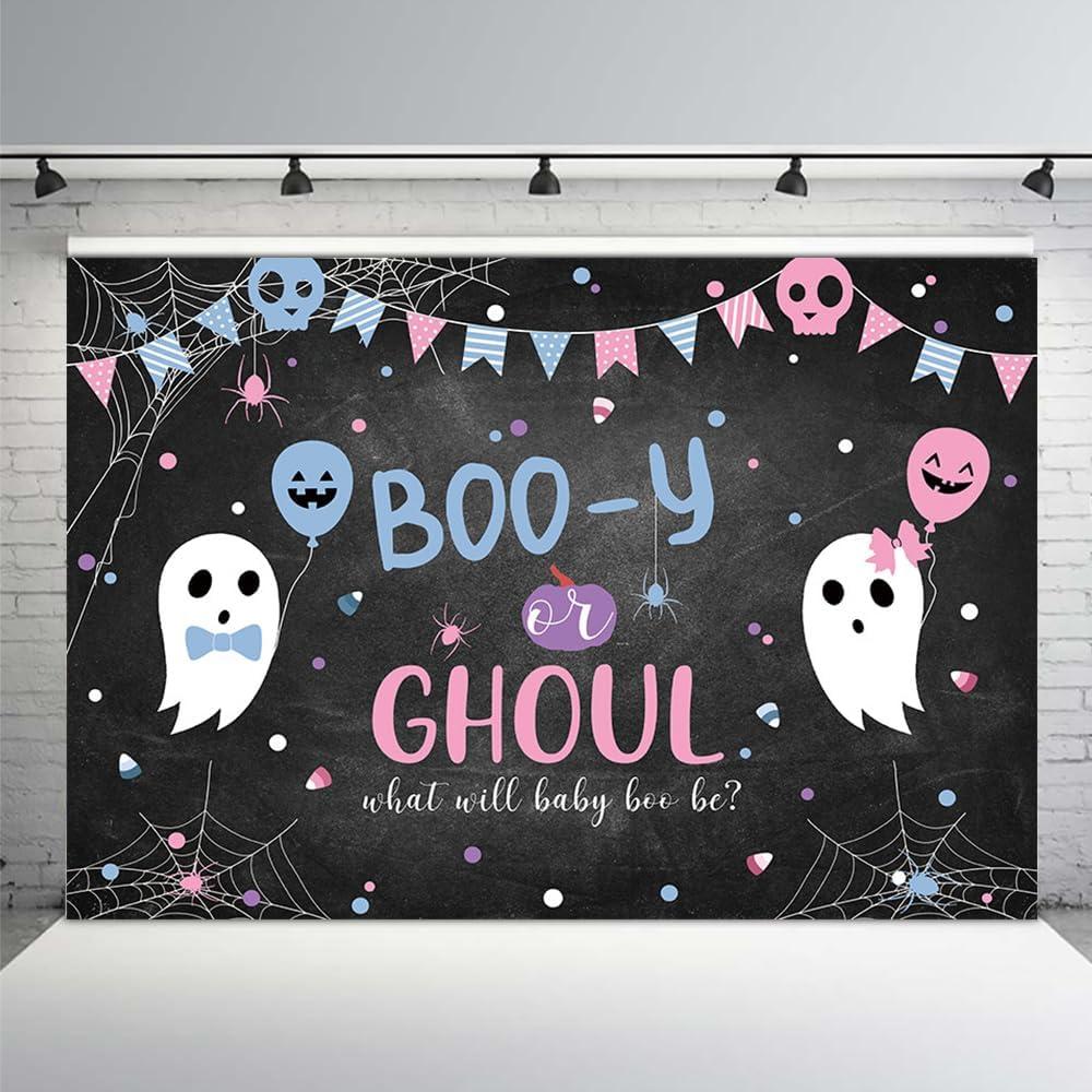 MEHOFOND Halloween Boo-y or Ghoul Gender Reveal Backdrop for Spooky Baby Shower Blue or Pink Party Supplies He or She What Will Baby Be Little Boo Banner Background Photo Booth Props 7x5ft