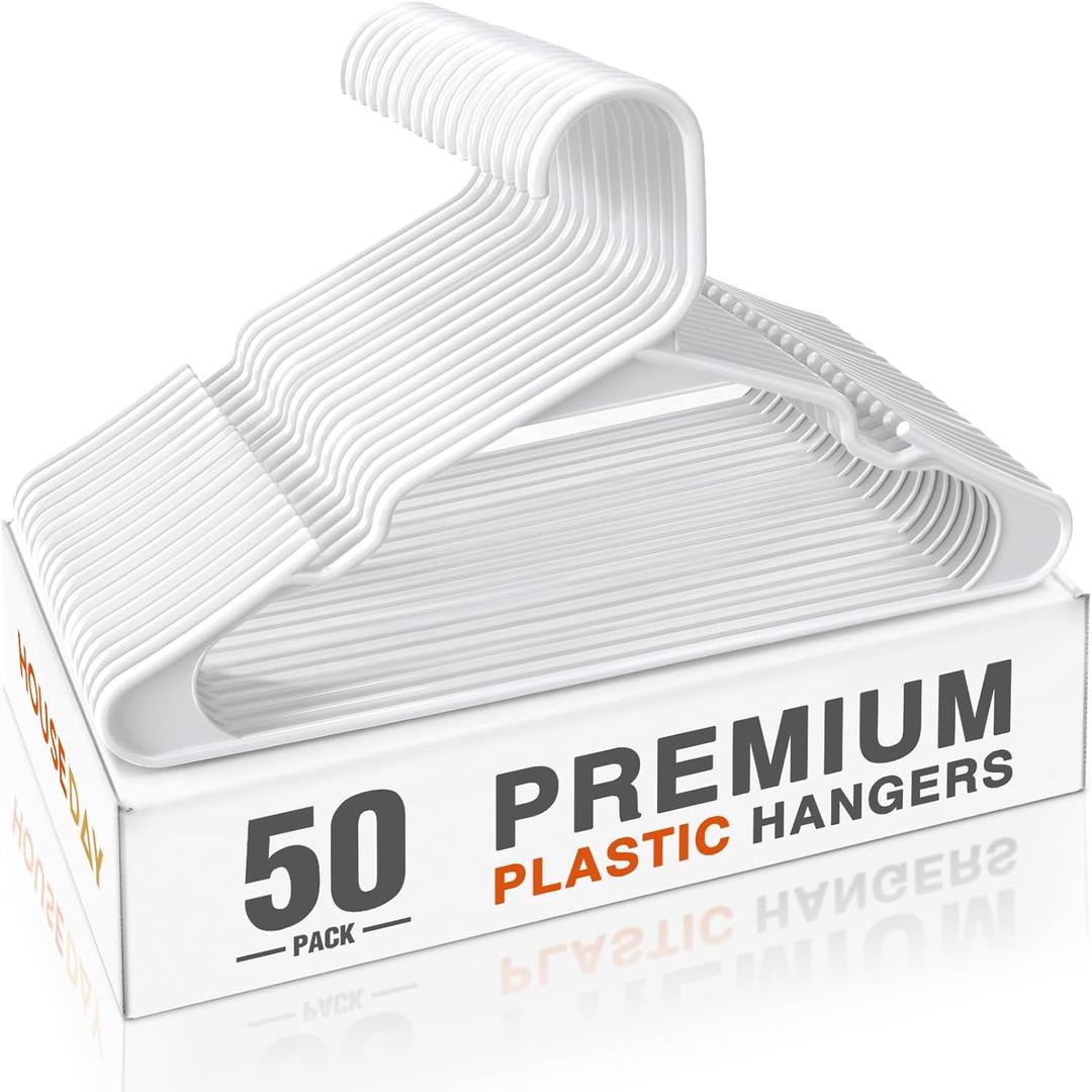 HOUSE DAY Plastic Hangers 50 Pack - White Clothes Hangers with Non-Slip Shoulder Grooves, Durable and Sturdy Coat Hanger, Space Saving Slim Design Perfect for Closet Organizers and Storage