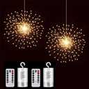 PXBNIUYA 2 Pack Starburst Sphere Lights,200 LLED Firework Lights, 8 Modes Dimmable Remote Control Waterproof Hanging Fairy Light, Copper Wire Light for Patio Parties Christmas (Battery Operated) (2 pcs Warm White)