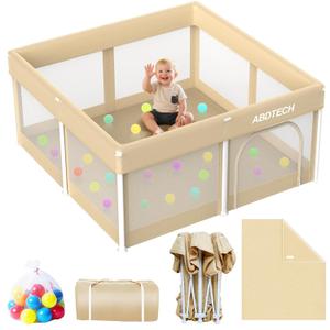 Foldable Playpen for Babies and ToddlersQuick Setup 50x50in playpen with Mat - Collapsible Play Pen for Babies with Storage Bag for Indoor & Outdoor - Baby Fence Play Area with 30 Ocean Ball, Khaki