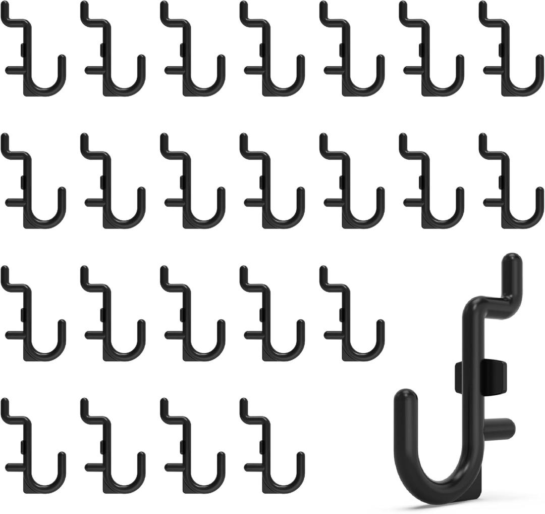 HUHOLE 100 Pack Pegboard Plastic Hooks J Shape Peg Board Hooks for Hanging Jewelry, Crafts & Tools Fits Standard 1/4" Pegboards Durable Black Pegboard Hooks for Garage Organization