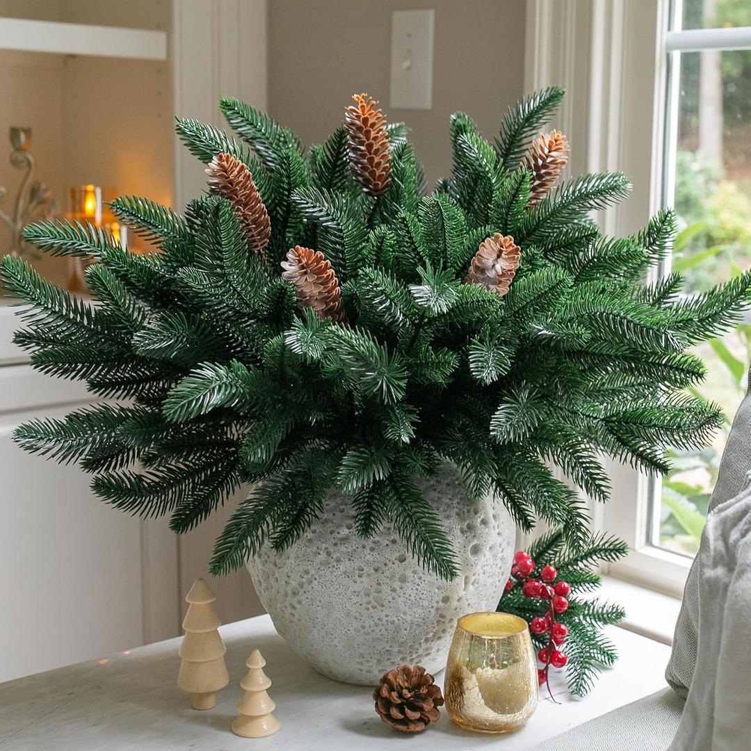 Ivydale 17Pcs Faux Pine Branches Norfolk Stem for Christmas Decoration, Artificial Greenery Plants Pine Needles with Pinecones for Table DIY Home Winter Indoor Vase Real Touch Christmas Decorations