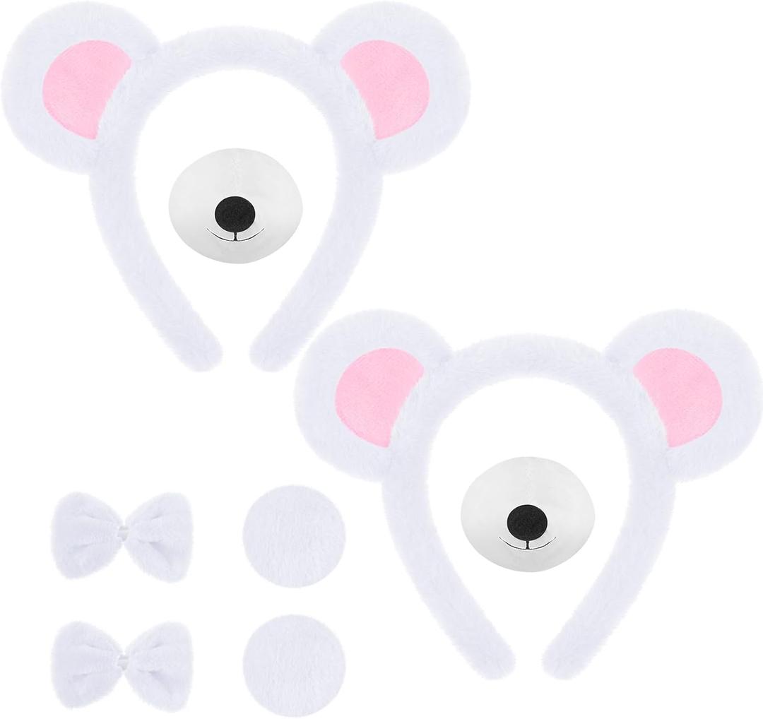 8 Pcs Halloween Bear Costume for Adult Bear Ears Headband Tail Nose Animal Accessory for Carnival Cosplay (White)