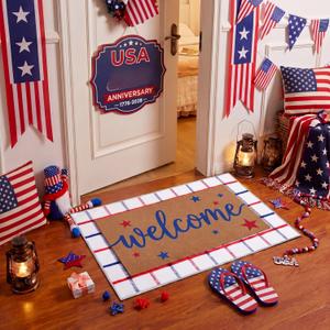 Dunzy 2 Pcs 4th of July Door Mat Patriotic Imitation Coir Front Doormat Independence Memorial Day Star 250th Anniversary Red White Blue Door Mat Non Slip Front Porch Entryway Decor(Welcome)